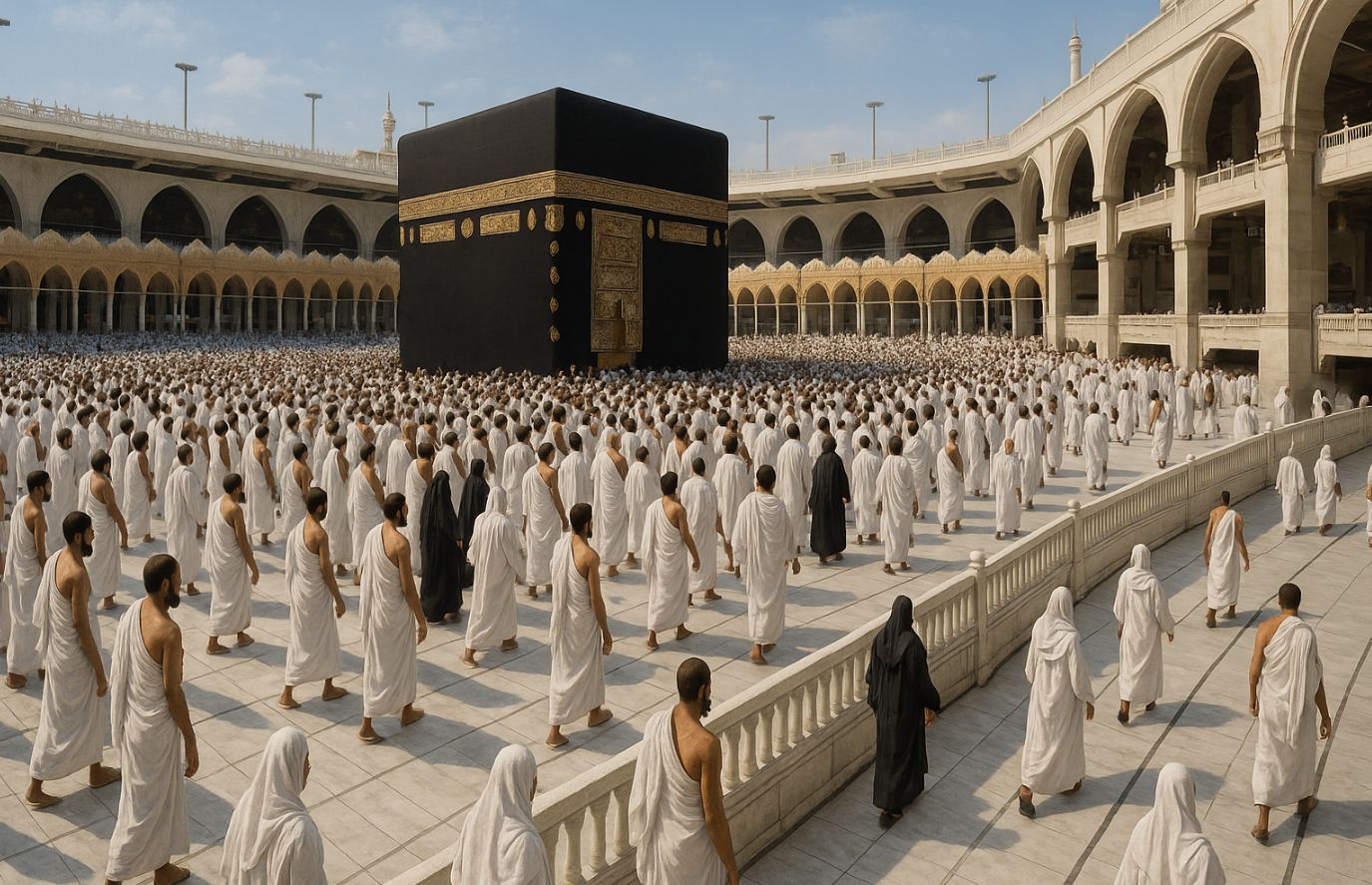 زائران حج قران در حال طواف خانه کعبه با لباس احرام، اعمال همزمان عمره و حج، مکه