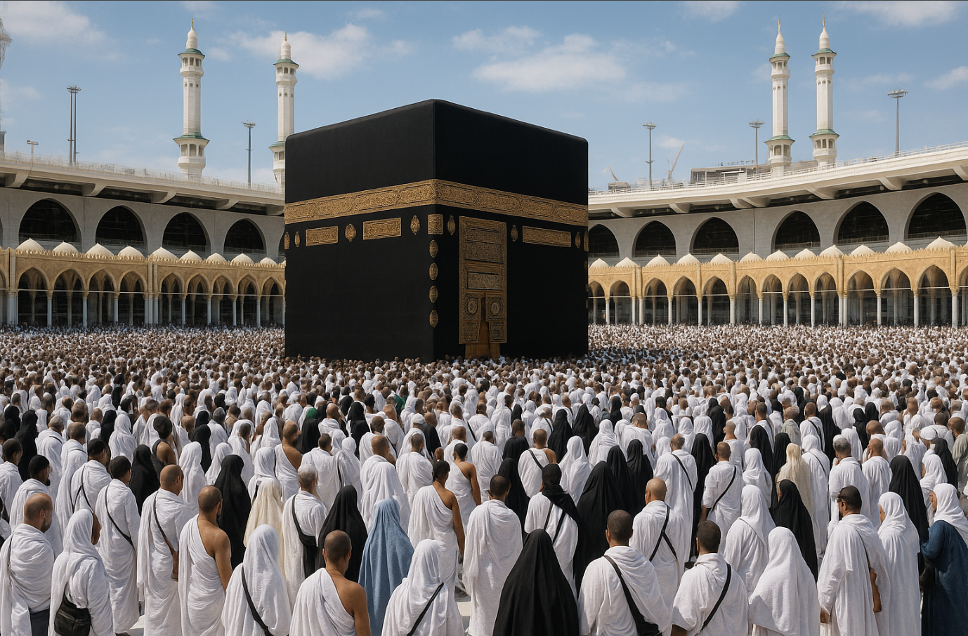اجتماع بزرگ حاجیان در حال طواف دور خانه کعبه در مراسم حج